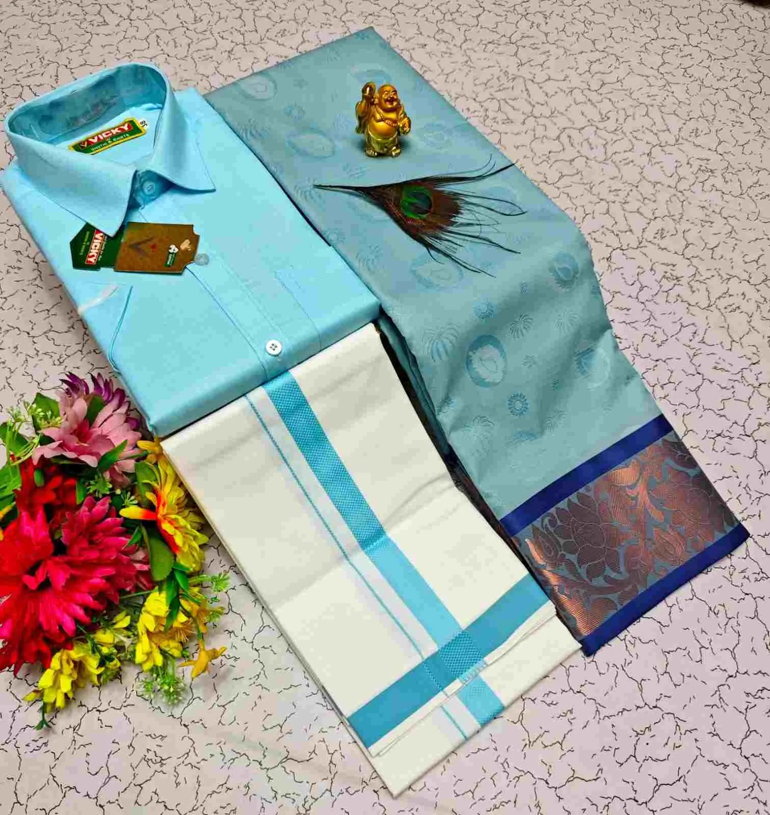 Vennila Aqua Blue Contrast Kubera Silk Couple Combo